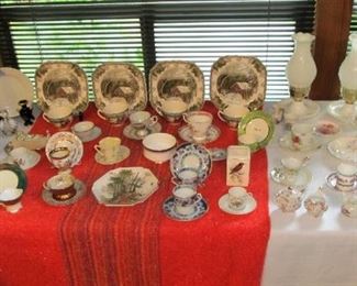 Vintage teacup collection, milk glass lamps, Johnson Bros collection.