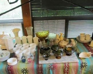 Milk glass collection, marble pastry board,