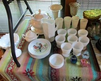 Milk glass collection, marble pastry board,