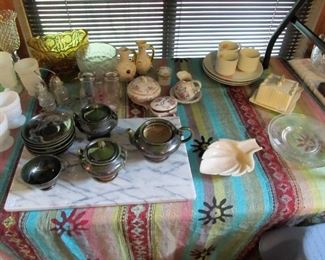 Milk glass collection, marble pastry board, Antique Asain tea set with sterling silver design. 