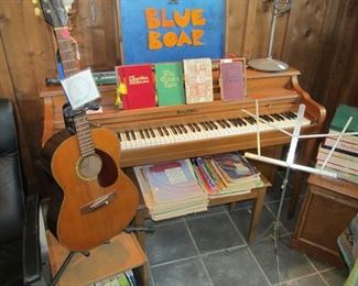 Henry F Miller Vintage Piano - nice size!   1970's Yamaha FG-75 Black Label Guitar, lots of sheet music & some records.  The piano is a PRESALE ITEM - $600