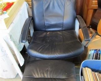 Nice metal & black leather swivel chairs w/ ottoman