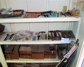 Antique tool shed - lots of antique & vintage tools.  lots of hammers, planes, chisels, files, saws, nails, screws, screwdrivers, pliers, bit sets, antique toolboxes, & more.