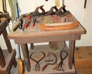 Antique tool shed - lots of antique & vintage tools.  lots of hammers, planes, chisels, files, saws, nails, screws, screwdrivers, pliers, bit sets, antique toolboxes, & more.