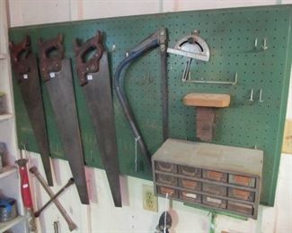 Antique tool shed - lots of antique & vintage tools.  lots of hammers, planes, chisels, files, saws, nails, screws, screwdrivers, pliers, bit sets, antique toolboxes, & more.  Disston Saws