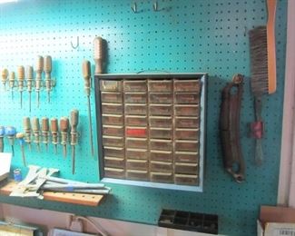 Antique tool shed - lots of antique & vintage tools.  lots of hammers, planes, chisels, files, saws, nails, screws, screwdrivers, pliers, bit sets, antique toolboxes, & more.