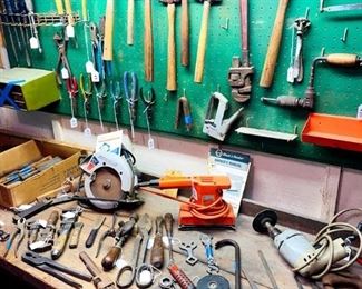 Antique tool shed - lots of antique & vintage tools.  lots of hammers, planes, chisels, files, saws, nails, screws, screwdrivers, pliers, bit sets, antique toolboxes, & more.