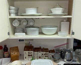 White plates and bowls. Town house cookie jar set 