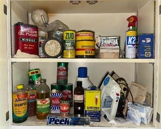 Vintage cleaning products. Glass and metal bottles. 
Glamorene, Zud, Minwax, etc. 