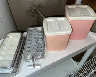 Aluminum Ice trays and Pink Flour Sugar canisters 