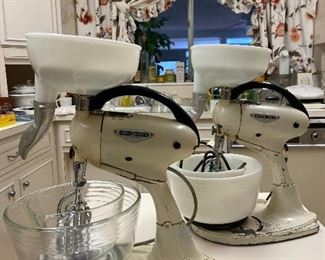 Set of antique Hamilton Beach mixers Model G with juicer attachments and milk glass bowls 
