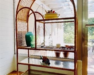 Stunning!!! Large Italian wrapped Rattan  Arched Etagere  with woven wicker + Glass shelves 
OA Measures: 75"H x 45"W x 18"Deep, 
Top shelf: 26"L x 15.5"W, 
2nd shelf: 42"L x 15.5"W 
Bottom 2 shelves: 42"L x 15.5"W, 
arched space: 15"W  