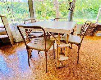 Rattan Card table with vinyl padded top. Chairs- Gold/ Bronze Cosco 4 Fashion Fold Stylaire or Hamilton chairs + Matching Table 