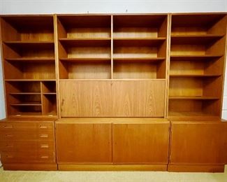 SOLD • Poul Hundevad Danish Teak Bookshelves and 2 pull-down desks. 3 sections. Locking desks. 