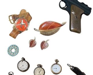 Jewelry Counter: Vintage Pocket Knives, Watches, Ford Pinto Wrist Watch, Sterling & Costume Brooches, Benjamin Franklin High Compression Pump Pellet Gun
