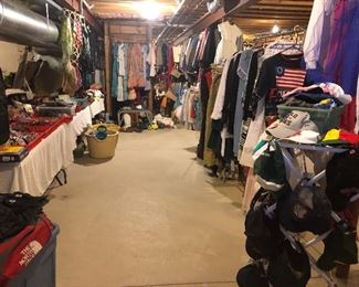 Large assortment of men's (large size) and women's (various sizes) clothes, purses, shoes, scarves and hats.