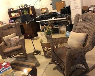 Great wicker rockers, L-shaped office desk, misc. printers and office equipment including chairs and cabinets