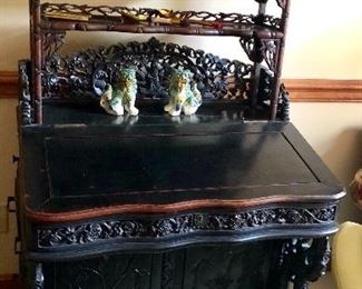 Antique five claw teak wood hand carved Asian secretary from China.