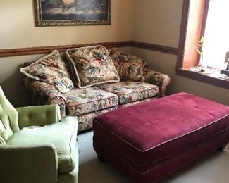 Beautiful upholstered floral pattern two cushion love seat (two available) with coordinating side chair and ottoman.
