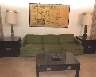 Antique Japanese black lacquer coffee table and matching side tables. (The green sofa has been purchased by the new homeowners) 