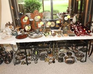 Clocks, Red Glass, Silver Plate Items, Pewter Items