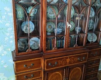 Awesome antique china cabinet with curved glass, wood inlays and pull out desk