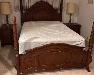 Cherry wood 4 poster bed with queen size mattress set (3 years old and hardly used)