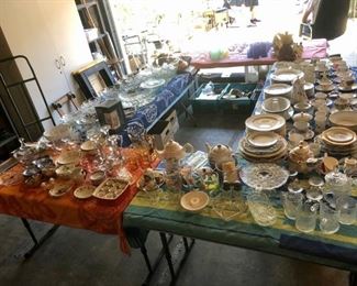 Assorted decorative serving pieces and glassware