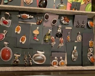 Sterling silver jewelry - vintage to newer pieces with amber, carnelian, smoky topaz, tiger's eye and more. All 50% off!