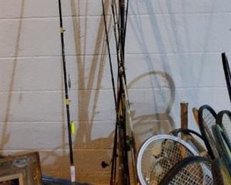 Vintage fishing poles, lures, fly fishing and tackle collection