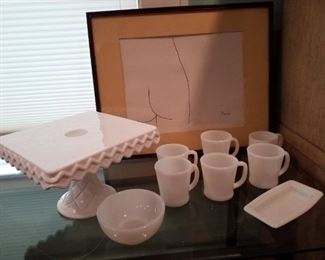 Picasso Litho, Imperial Milk glass Diamond Edge Cake Stand