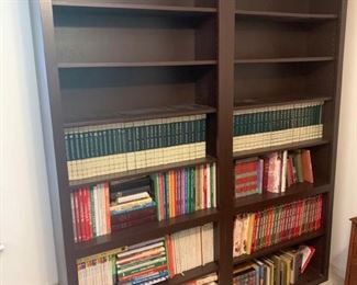 It’s a sturdy book case made from wood. The piece separates in the middle allowing to be split to two equal book cases. There is a bolt that holds them together. Shelves are adjustable. 76x14x85” https://ctbids.com/#!/description/share/974517