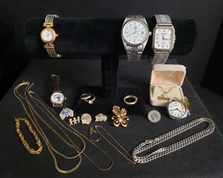 Mark Alexander, Ingersoll, Helbros, Gruen, and Duck Head watches. Not currently working, possibly dead batteries. Ingersoll pocket watch has protective shield taped to it to protect dial. It will need to be replaced. Sterling silver items marked 925 are shown on scale and weigh 45 grams (excluding pendant with stone). Small hoop with heart pendant is 14k gold. Thin herringbone chain is POSSIBLY gold since it does not stick to a magnet. Some others are gold filled or gold plated. Rings approximately size 6 and 10k gold filled. Authenticity of stones unknown. https://ctbids.com/#!/description/share/974295