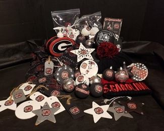 This Carolina Gamecocks lot includes a scarf, hat, soap dispenser (good used condition), and enough handcrafted ornaments for quite a nice Christmas tree or other display.