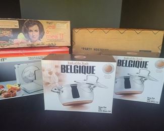 Seal a meal bag sealer, slicer get those deli style sandwiches right at home, warming tray to keep foods warm and two Belgique soup pots. Soup pots are brand new. https://ctbids.com/#!/description/share/974427