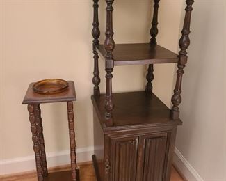 Ethan Allen tiered stand with cabinet has two shelves . Small table holds a ashtray with the built in spot for it. Ethan Allen cabinet measures 15" x 15" x 45". Small table measures 9" x 9" x 23". https://ctbids.com/#!/description/share/974543