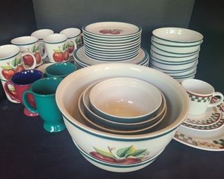 One large plate measures 12". Twelve dinner plates 10". Eleven appetizers plates 8". Four mixing bowls of various sizes. Eleven bowls. A small set of dishes. Eleven mugs. Three mugs of similar colors to set. https://ctbids.com/#!/description/share/974515