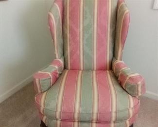 Rose pink, sage green, tan and beige stripes. Measures 43" x 30" x 26". Seat is at 20". https://ctbids.com/#!/description/share/981182