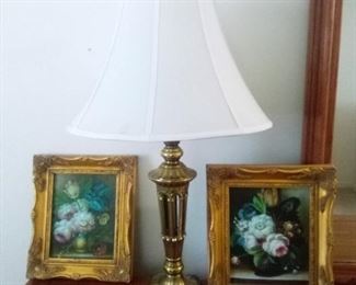 Intricate brass table lamp is 32" tall with a 6.5" base. Paintings are framed in ornate gold colored wooden frame and measure 12" x 14". Brass lamp shows wear, mostly on base. https://ctbids.com/#!/description/share/981189