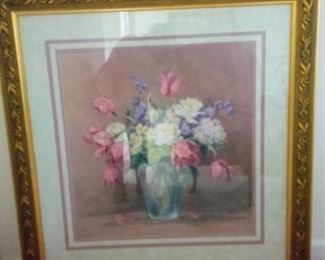 Large pastel print of tulips, roses, hydrangeas and more. Matted and in an ornate gold colored frame. Measures 38" x 39". https://ctbids.com/#!/description/share/981191