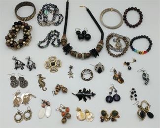 Collection of boho chic jewelry includes earrings, bracelets and a necklace measures 18". https://ctbids.com/#!/description/share/981201