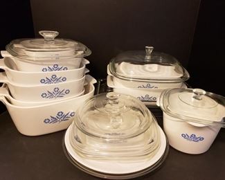Very nice collection of Corning Ware Cornflower blue casserole dishes with lids. Includes multiple sizes of casserole dishes, soup maker, bread pans and some Pyrex glass baking dishes. Largest measures 12"L x 4"H and smallest measures 7"L x 2"H. https://ctbids.com/#!/description/share/981205