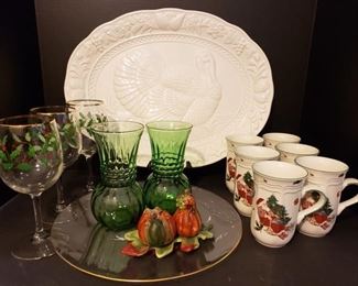 Large turkey platter, stemware with holly, Mikasa mugs and more. Largest measures 18"L x 14"W and smallest measures 2"H x 2"L. https://ctbids.com/#!/description/share/981207