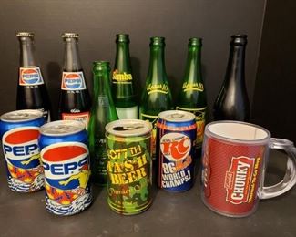 Pepsi bottles and Cool Cans, RC Cola, Upper 10 bottle and more. Largest measures 10"H x 2"L and smallest measures 5"H x 2 1/2"L. https://ctbids.com/#!/description/share/981213