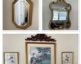 Beautiful floral pictures, a wooden ornate hanging decor & ornate mirrors. Floral Art: 33 x 39”, 13 x 15”, Mirrors: 23 x 34” and 19 x 28”. https://ctbids.com/#!/description/share/981218
