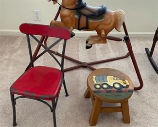Vintage suspended rocking horse, metal distressed child’s chair & truck stool. Rocking horse: 24 x 21 x 33 Chair: 11 x 11 x 23 https://ctbids.com/#!/description/share/981220