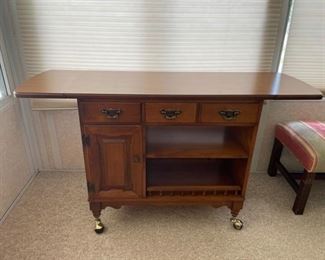 Drop leaf rolling buffet in beautiful condition. Young Republic, solid hard rock maple. Leaf out: 52 x 17 x 30", Drop leaf: 35 x 17 x 30" https://ctbids.com/#!/description/share/981229