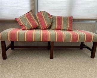 Long upholstered bench with matching throw pillows in great condition and ready for a new home.  Bench measures 60 x 16 x 17”. https://ctbids.com/#!/description/share/981228