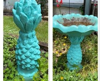 Concrete Pineapple Decor : 9 x 9 x 25 Concrete Pineapple Birdbath : 20 x 29. Both are in a fun turquoise color.  https://ctbids.com/#!/description/share/981245
