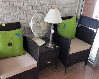 Breeze way wicker chairs, table, lamp, fan